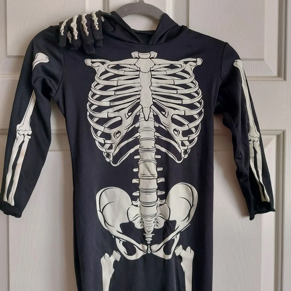 Spirit Halloween Kids Skeleton Jumpsuit Costume w/ Gloves Glow In The Dark 3T-4T - Picture 2 of 5